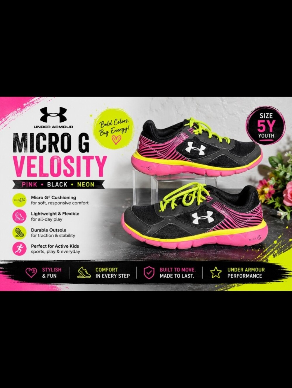 UNDER ARMOUR Micro G Velosity Pink Black Neon 5Y